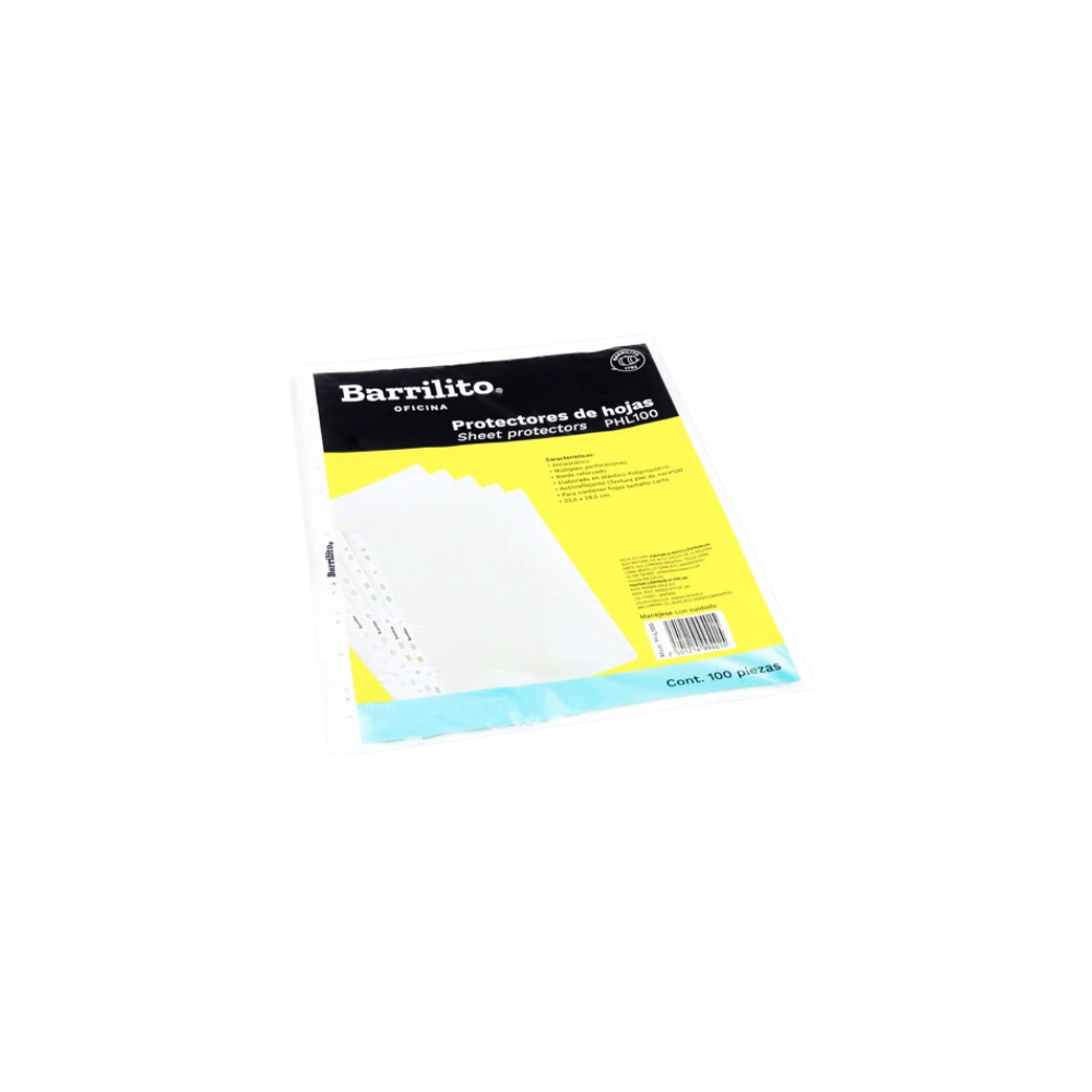 PROTECTOR DE HOJAS BARRILITO TAMAÑO CARTA TRANSPARENTE MÚLTIPLES PERFORACIONES PAQUETE CON 100 PIEZAS PHL100