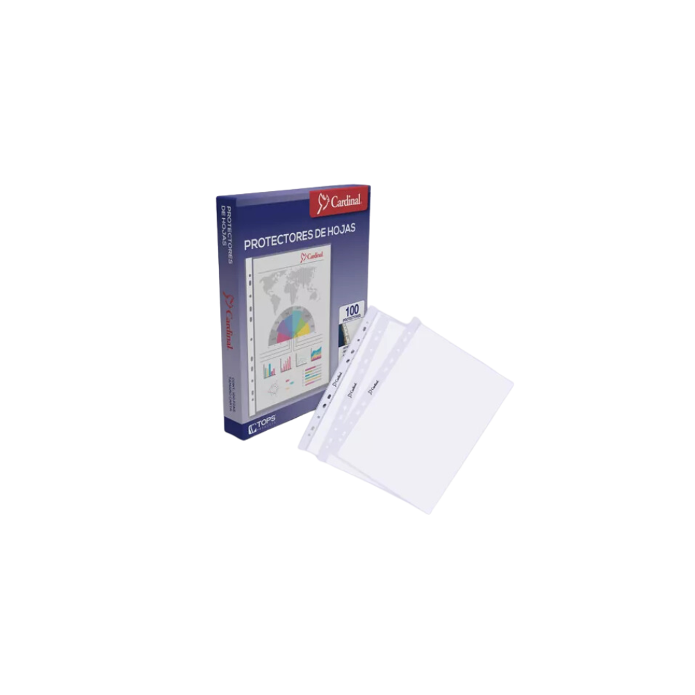 PROTECTOR DE HOJAS CARDINAL TRANSPARENTE ANTIREFLEJANTE TAMAÑO CARTA MÚLTIPLES PERFONACIONES PAQUETE CON 100 PIEZAS 64003