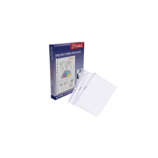 PROTECTOR DE HOJAS CARDINAL TRANSPARENTE ANTIREFLEJANTE TAMAÑO CARTA MÚLTIPLES PERFONACIONES PAQUETE CON 100 PIEZAS 64003