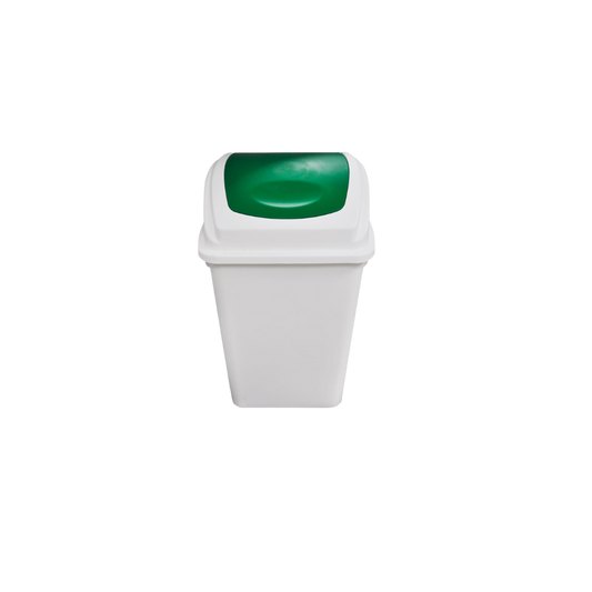 BOTE DE BASURA COLOR BLANCO DE 65 LITROS CON TAPA BALANCÍN FRONTAL COLOR VERDE 8146VD