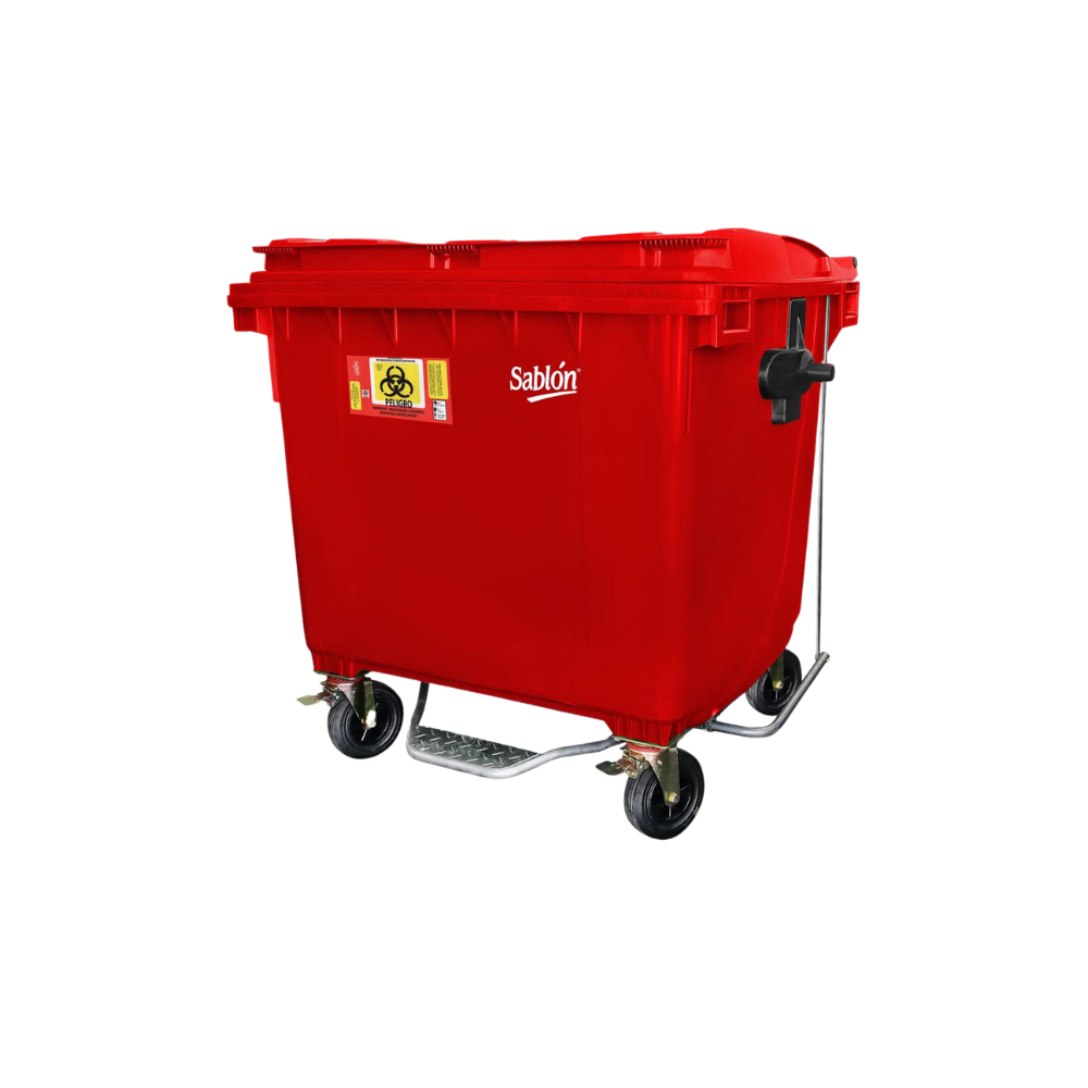 CONTENEDORES 8738RPBI PARA BASURA DE 1100 LITROS CON PEDAL, IMPRESÓN RPBI COLOR ROJO