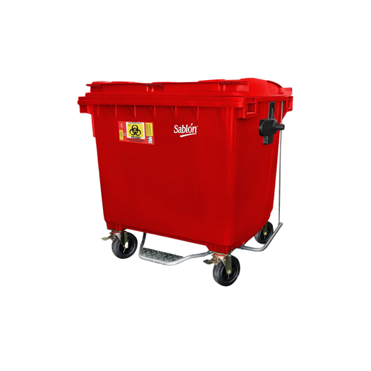 CONTENEDORES 8738RPBI PARA BASURA DE 1100 LITROS CON PEDAL, IMPRESÓN RPBI COLOR ROJO