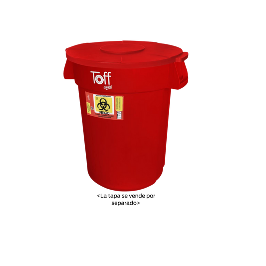 CONTENEDOR DE BASURA TOFF 120 LITROS CUERPO ROJO CON ETIQUETA RPBI SKU 9106 RPBI