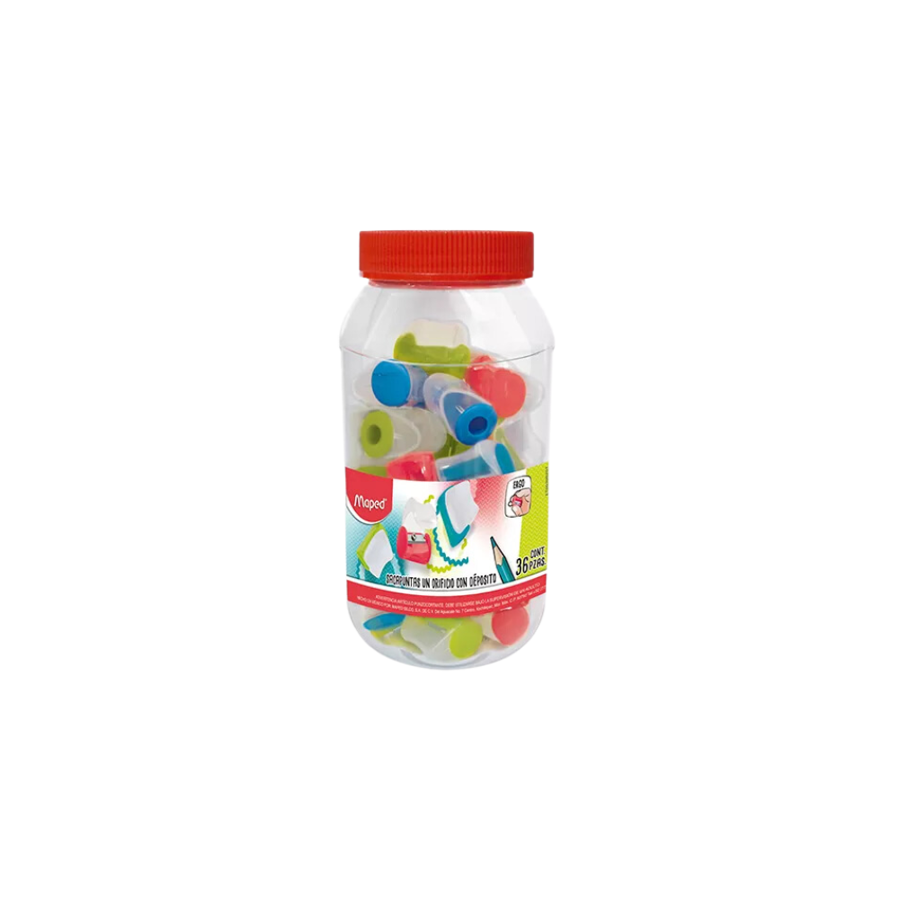SACAPUNTAS PLÁSTICO MANUAL MAPED CON DEPOSITO BOTE CON 36 PIEZAS 063111ZM