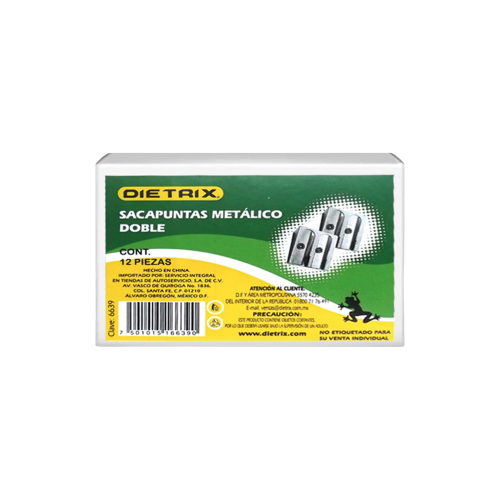 SACAPUNTAS MANUAL 2 ORIFICIOS METÁLICO DIETRIX CAJA CON 12 PIEZAS 6639