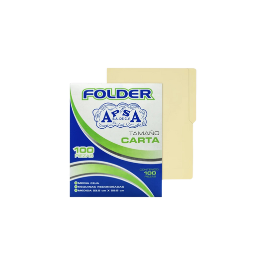 FOLDER APSA TAMAÑO CARTA 1 PAQUETE CON 100 PIEZAS L10FC