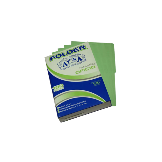 FOLDER DE CARTULINA COLOR VERDE APSA 1/2 CEJA TAMAÑO OFICIO 1 PAQUETE CON 100 PIEZAS L22FO