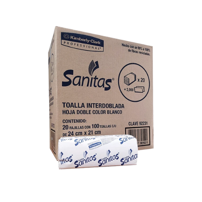 TOALLA INTERDOBLADA BLANCO SANITAS 100 HOJAS DOBLES, 21 X 24 CM 20 PAQUETES KIMBERLY-CLARK CÓDIGO: 92231