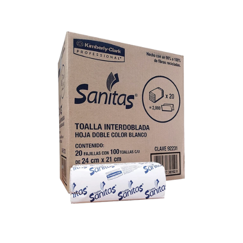 TOALLA INTERDOBLADA BLANCO SANITAS 100 HOJAS DOBLES, 21 X 24 CM 20 PAQUETES KIMBERLY-CLARK CÓDIGO: 92231